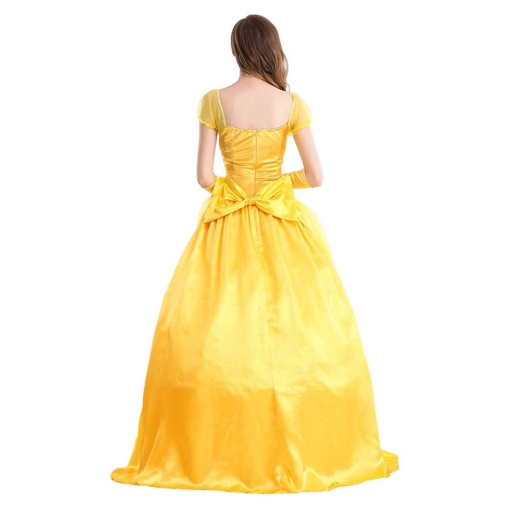 IWEMEK Robe de princesse, déguisement adulte pour Halloween et carnaval, robe de soirée jaune La Belle et la Bête avec gants, taille M