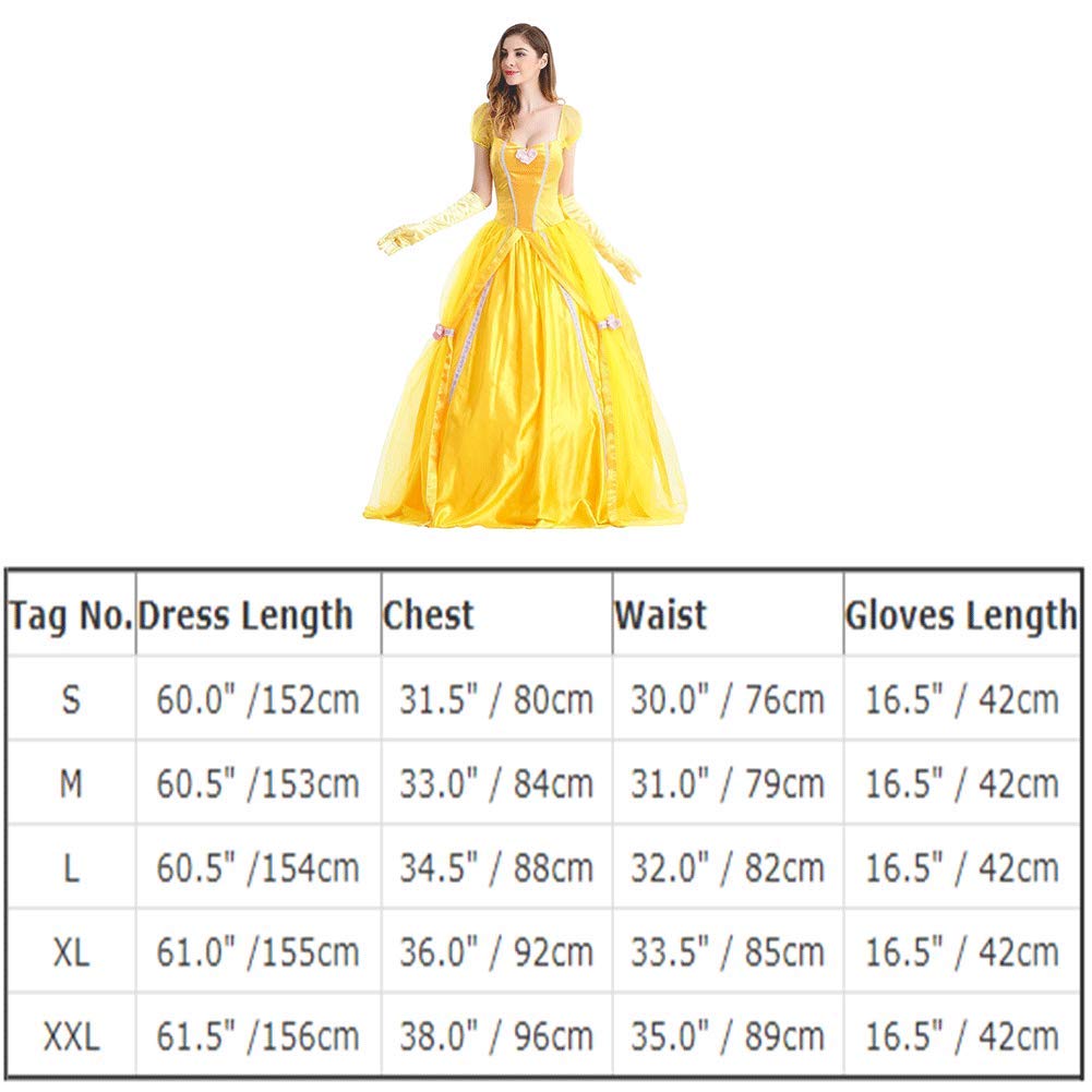 IWEMEK Robe de princesse, déguisement adulte pour Halloween et carnaval, robe de soirée jaune La Belle et la Bête avec gants, taille M