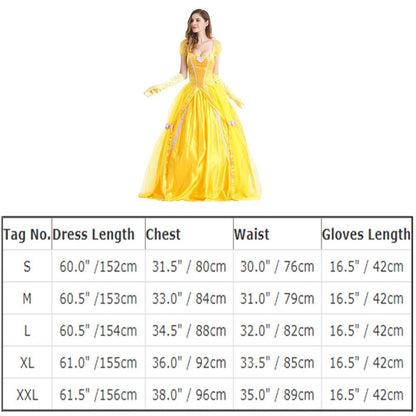 IWEMEK Robe de princesse, déguisement adulte pour Halloween et carnaval, robe de soirée jaune La Belle et la Bête avec gants, taille M