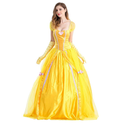 IWEMEK Robe de princesse, déguisement adulte pour Halloween et carnaval, robe de soirée jaune La Belle et la Bête avec gants, taille M