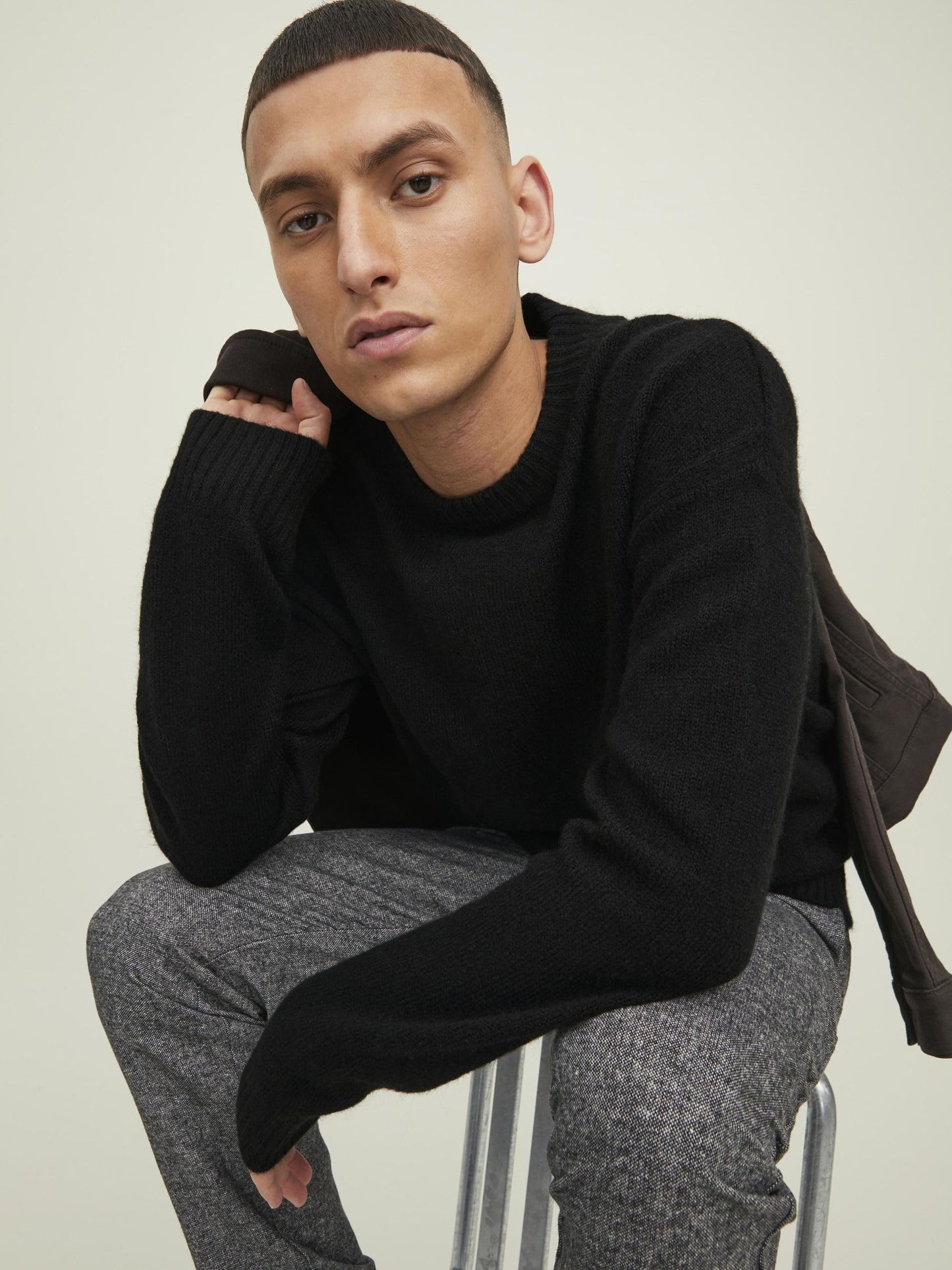 JACK & JONES Jorollie Pull en maille à col rond pour homme, noir, Taille L