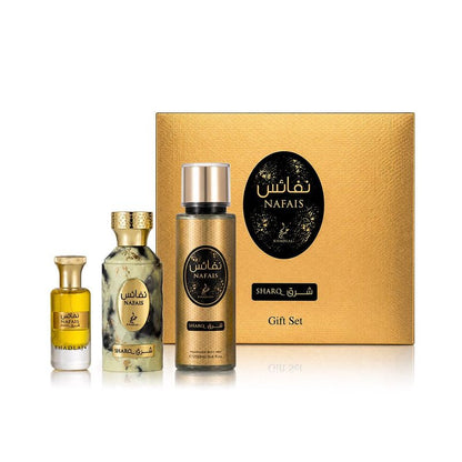 Khadlaj Nafais Sharq Coffret Eau de Parfum 100 ml + Huile Parfumée 24 ml + Brume Corps 250 ml Unisexe