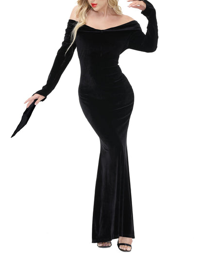LVCBL Robe d'Halloween noire pour femme, robe de cocktail à épaules dénudées, robe de soirée, longueur cheville, costume adulte, XS