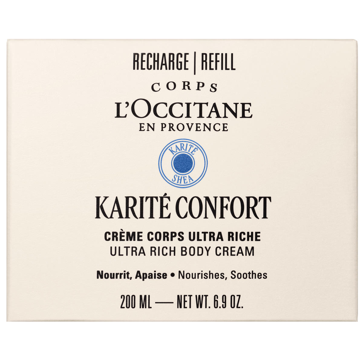 L'Occitane Karité Confort Crème Corps Ultra Riche Recharge 200 ml – Nutrition Intense pour Peaux Sèches et Sensibles