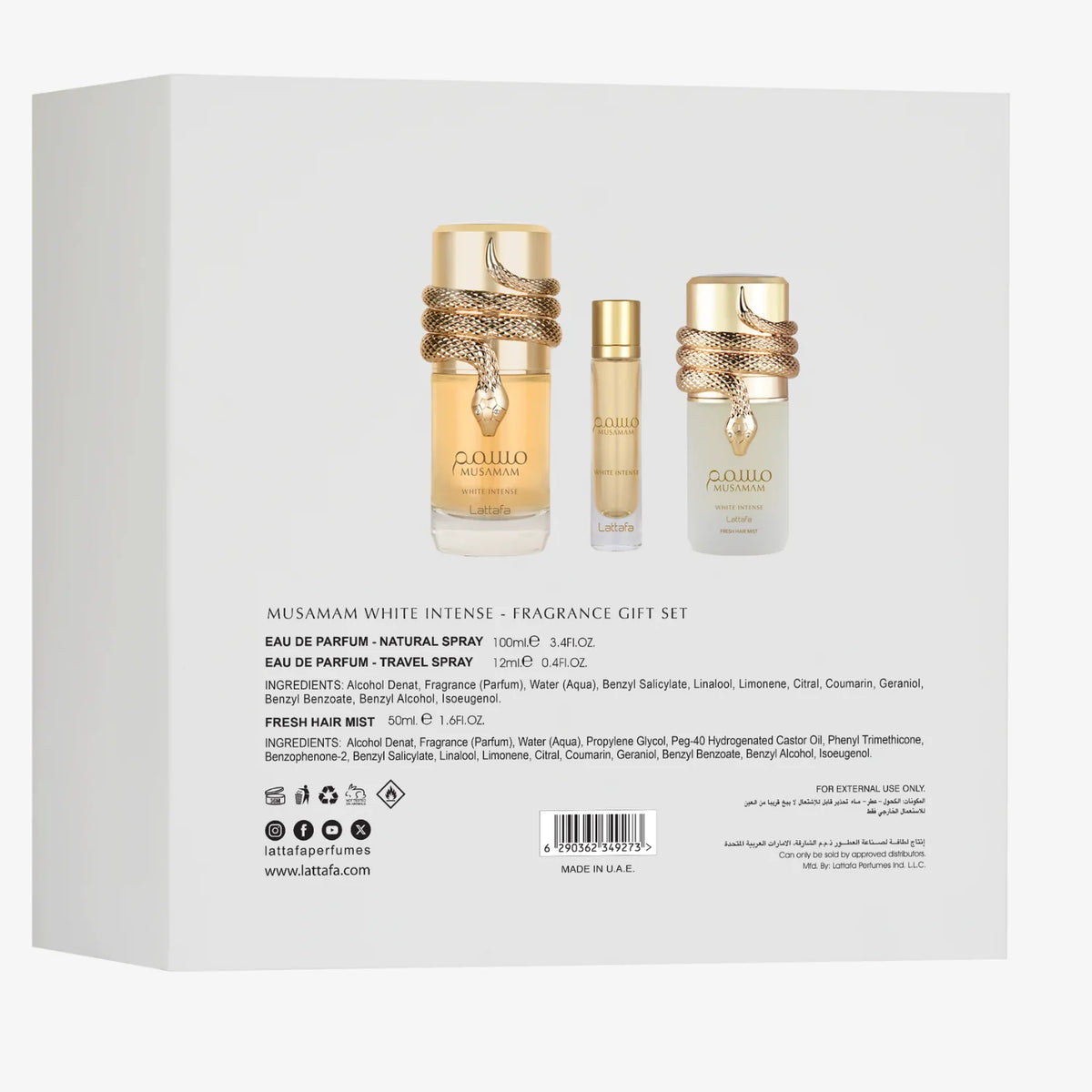 Lattafa Musamam White Intense Eau de Parfum 100 ml + EDP 12 ml + Parfum cheveux 50 ml – Unisexe
