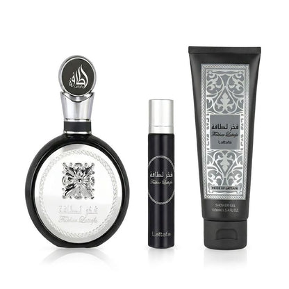 Lattafa Pride Fakhar Black Eau de Parfum 100ml + EDP 12ml + Gel douche 100ml Homme
