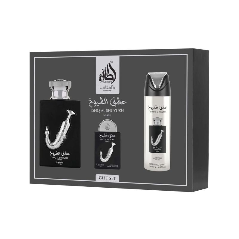 Lattafa Pride Ishq Al Shuyukh Silver Eau de Parfum 100ml + EDP 20ml + Deodorant 200ml (unisexe)