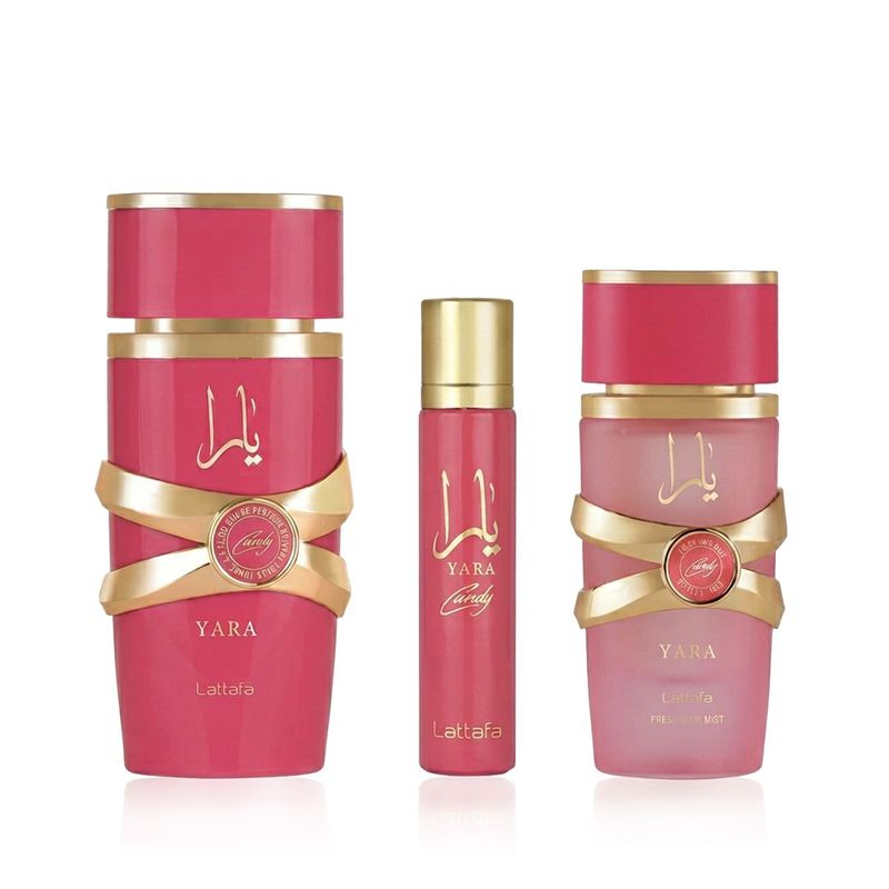 Lattafa Yara Candy Eau de Parfum 100ml + EDP 12ml + Parfum cheveux 50ml Femme