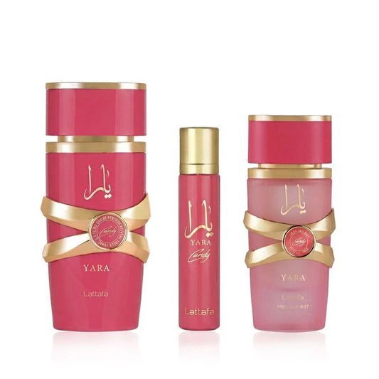 Lattafa Yara Candy Eau de Parfum 100ml + EDP 12ml + Parfum cheveux 50ml Femme