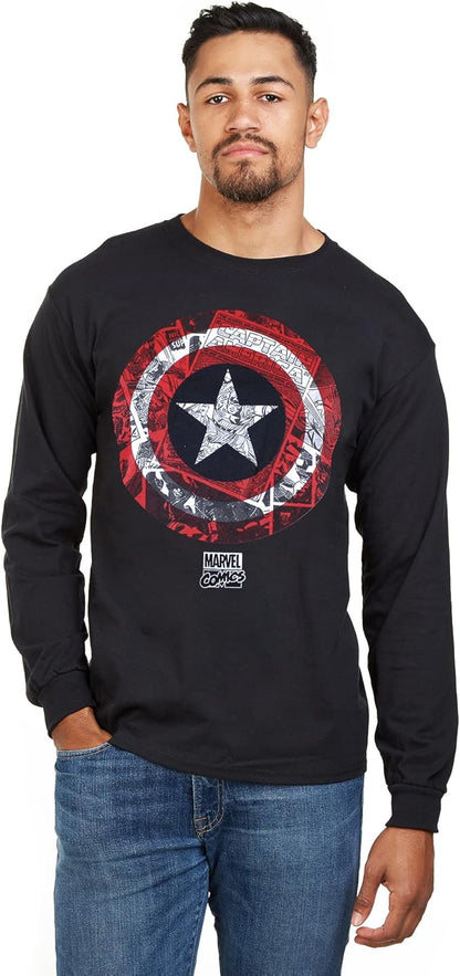 Marvel Captain America Comic Shield T-shirt à manches longues, noir, taille S homme