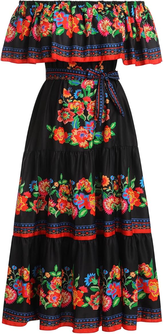 Odizli Robe longue d'été à épaules dénudées pour femme - Style bohème mexicain - imprimé floral - Taille L
