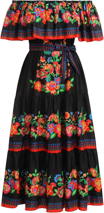 Odizli Robe longue d'été à épaules dénudées pour femme - Style bohème mexicain - imprimé floral - Taille L