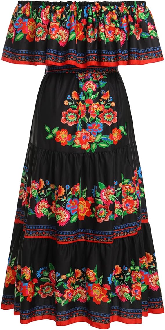 Odizli Robe longue d'été à épaules dénudées pour femme - Style bohème mexicain - imprimé floral - Taille L