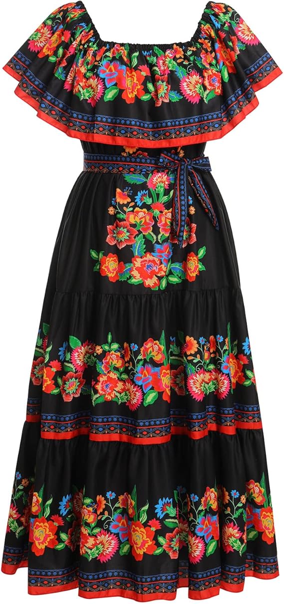 Odizli Robe longue d'été à épaules dénudées pour femme - Style bohème mexicain - imprimé floral - Taille L