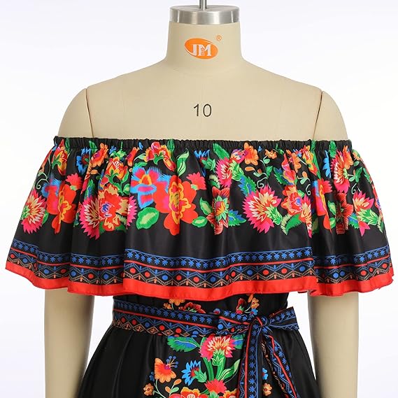 Odizli Robe longue d'été à épaules dénudées pour femme - Style bohème mexicain - imprimé floral - Taille L