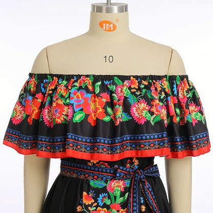 Odizli Robe longue d'été à épaules dénudées pour femme - Style bohème mexicain - imprimé floral - Taille L
