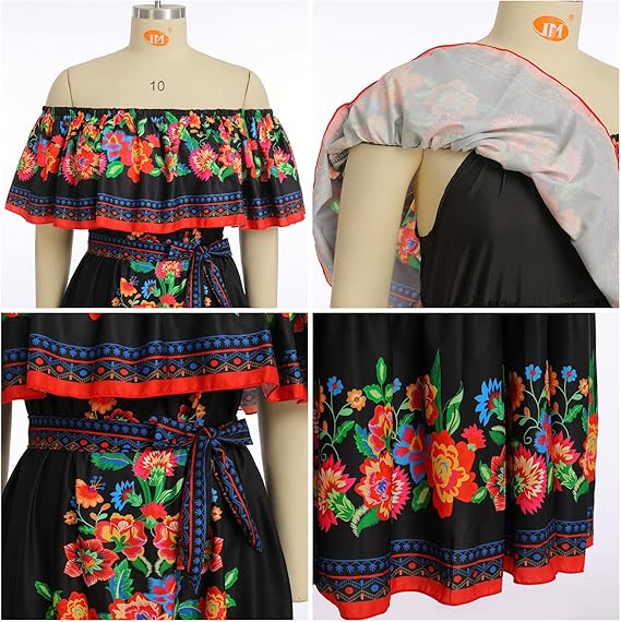 Odizli Robe longue d'été à épaules dénudées pour femme - Style bohème mexicain - imprimé floral - Taille L