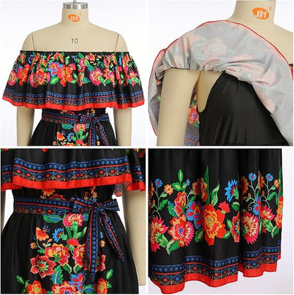 Odizli Robe longue d'été à épaules dénudées pour femme - Style bohème mexicain - imprimé floral - Taille L