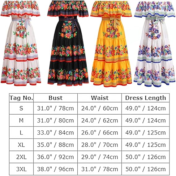 Odizli Robe longue d'été à épaules dénudées pour femme - Style bohème mexicain - imprimé floral - Taille L