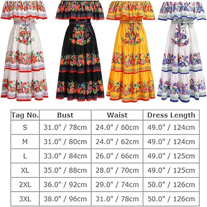 Odizli Robe longue d'été à épaules dénudées pour femme - Style bohème mexicain - imprimé floral - Taille L