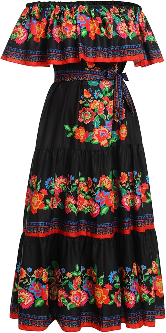 Odizli Robe longue d'été à épaules dénudées pour femme - Style bohème mexicain - imprimé floral - Taille L