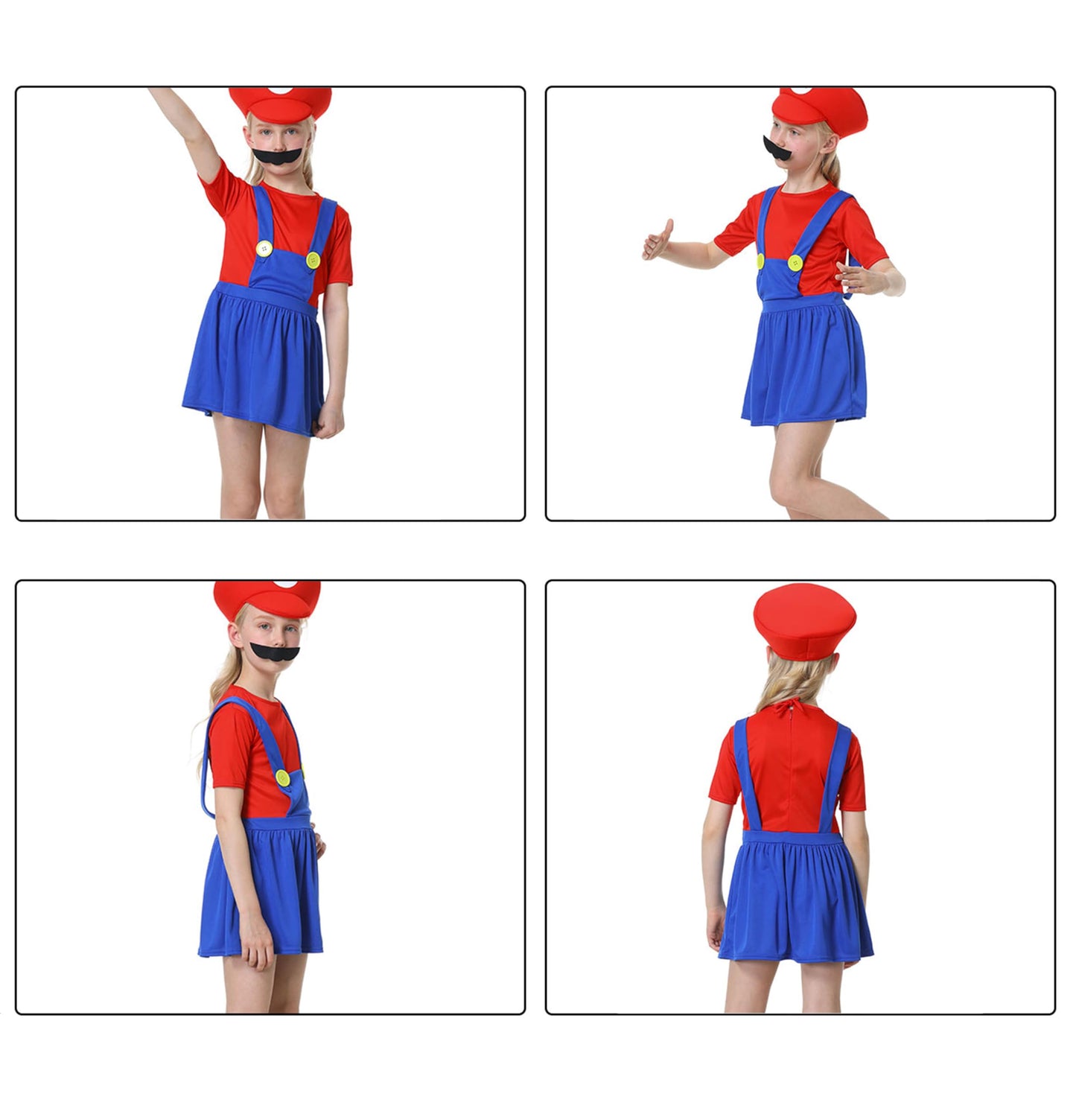 VISVIC Déguisement Super Brothers Plombier, comprenant combinaison, chapeau et moustache, idéal pour Halloween et le carnaval. Convient aux hommes, femmes, garçons et filles. Rouge, taille L (fille)
