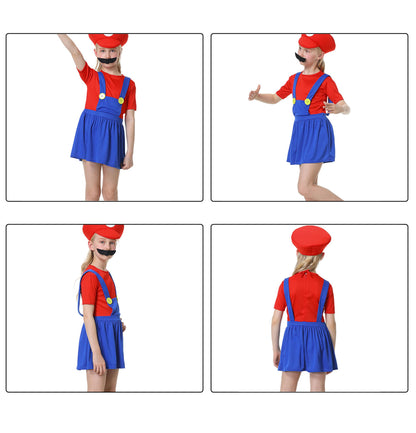 VISVIC Déguisement Super Brothers Plombier, comprenant combinaison, chapeau et moustache, idéal pour Halloween et le carnaval. Convient aux hommes, femmes, garçons et filles. Rouge, taille L (fille)