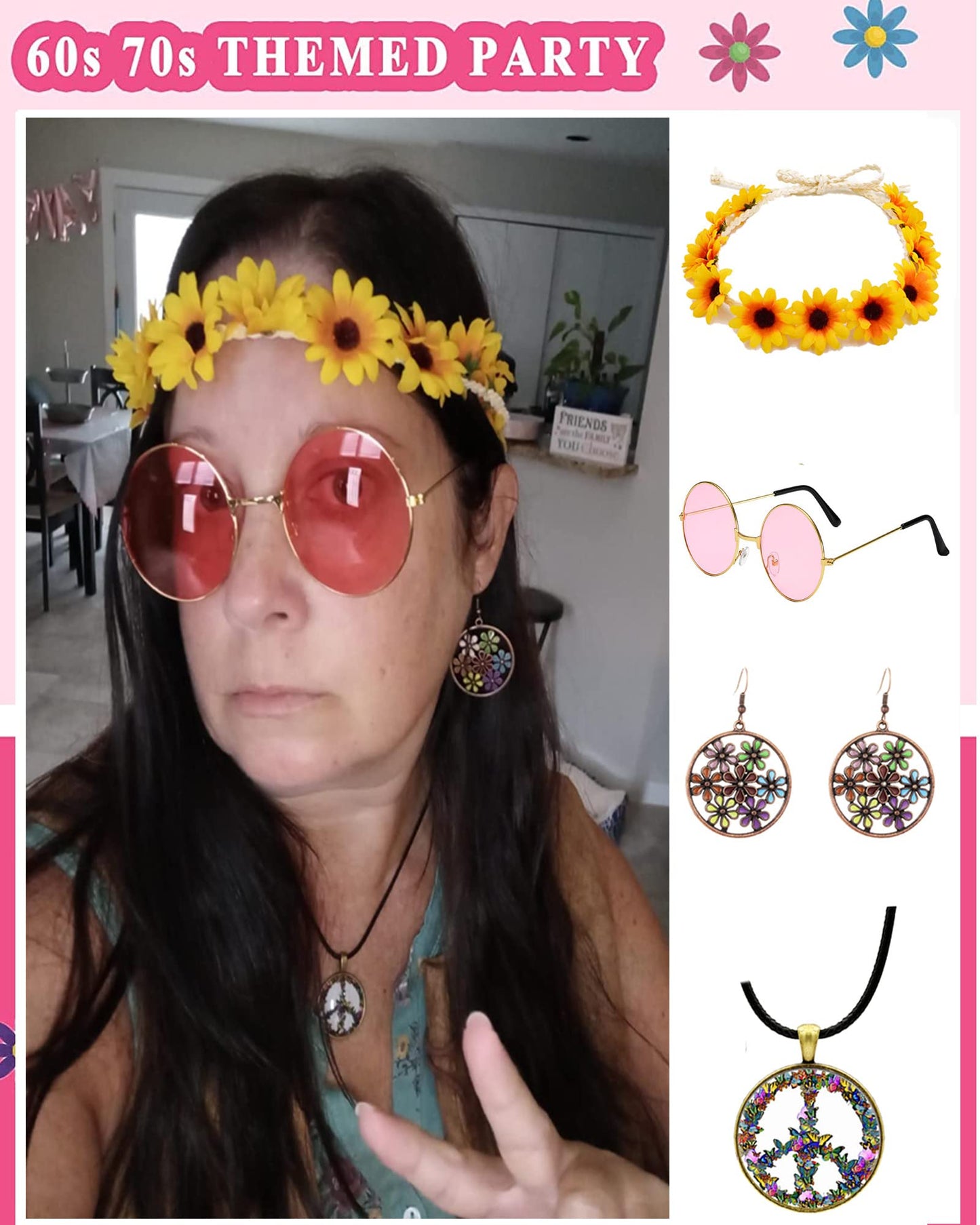 YADODO Costume hippie pour femme : pantalon évasé, lunettes, bandeau, années 60-70, taille XL