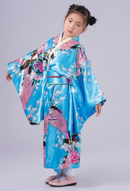 Yukata pour enfant, style japonais vintage – Robe traditionnelle en soie pour fille, peignoir, toge de mariage ou de spectacle 140 cm (7-8 ans)