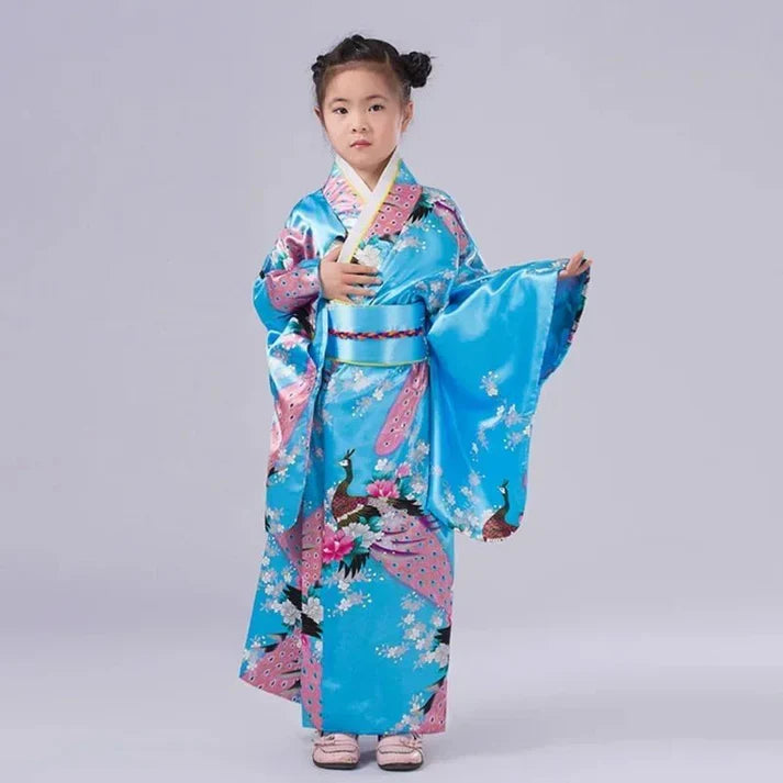 Yukata pour enfant, style japonais vintage – Robe traditionnelle en soie pour fille, peignoir, toge de mariage ou de spectacle 140 cm (7-8 ans)