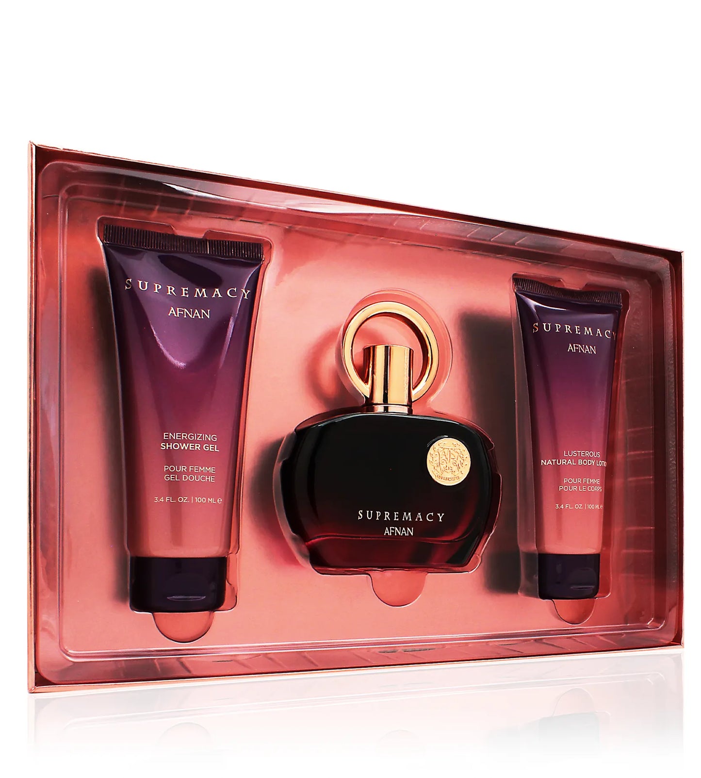 Afnan Supremacy Purple gift set for women eau de parfum 100 ml + shower gel 100 ml + body lotion 100 ml