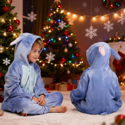 mauea Ensemble pyjama enfant unisexe, combinaison chaude, motif Stitch bleu, taille 130/140 cm