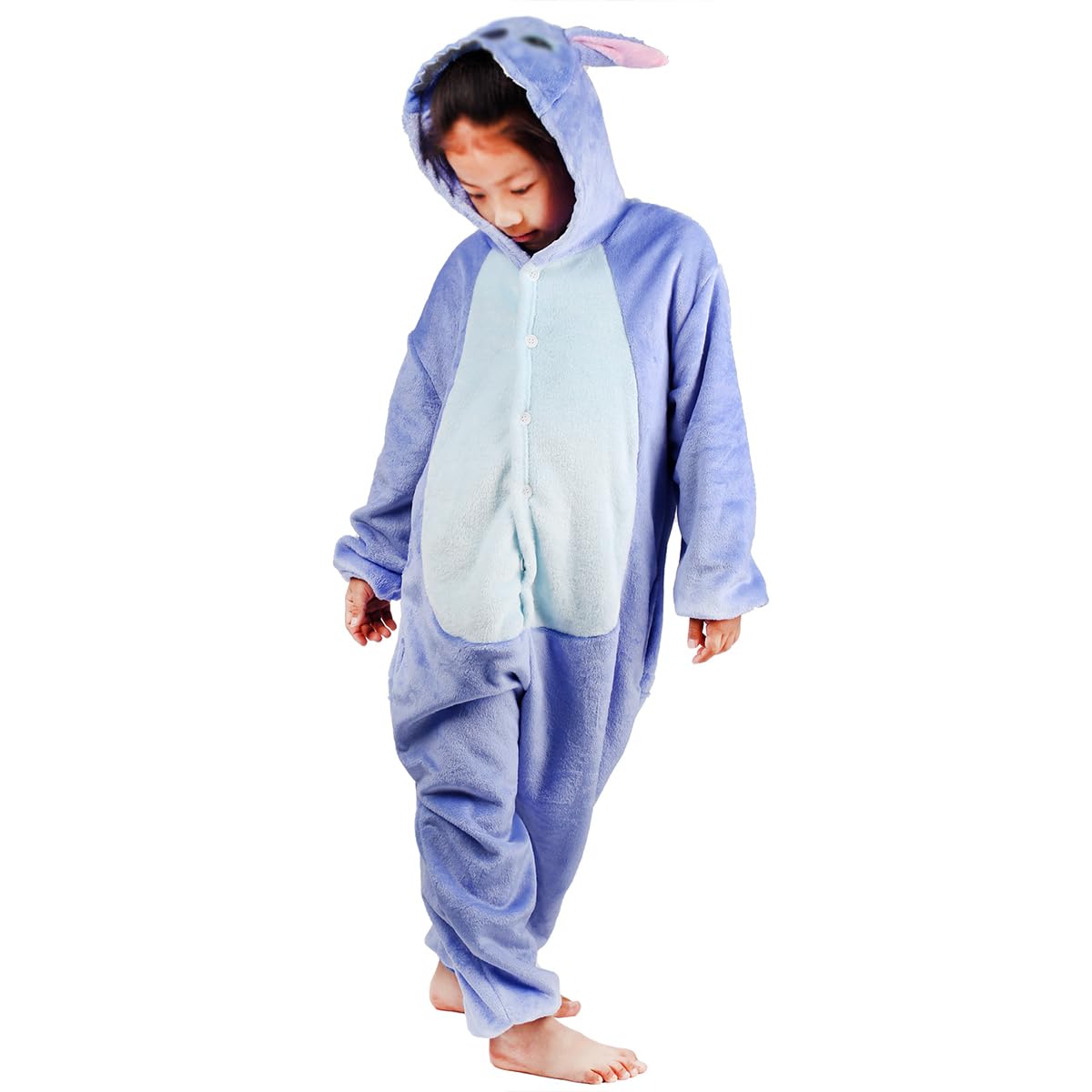 mauea Ensemble pyjama enfant unisexe, combinaison chaude, motif Stitch bleu, taille 130/140 cm