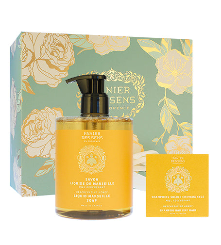 Panier Des Sens Regenerating Honey dárková sada tekuté mýdlo 500 ml + tuhý šampon pro suché vlasy 75 g