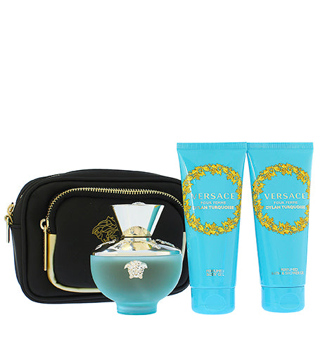 Versace Dylan Turquoise dárková sada pro ženy toaletní voda 100 ml + sprchový gel 100 ml + tělové mléko 100 ml + kosmetická taška
