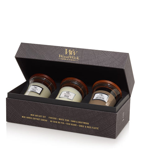 Woodwick Fireside, White Teak a Sand & Driftwood dárková sada 3 x 85 g