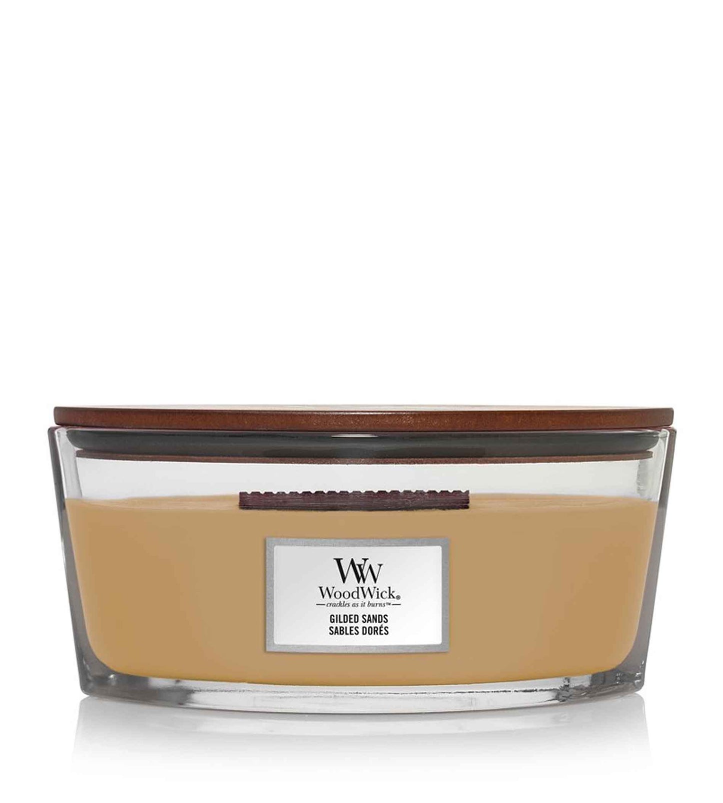 Vela perfumada Woodwick Gilded Sands con mecha de madera (453,6 g)