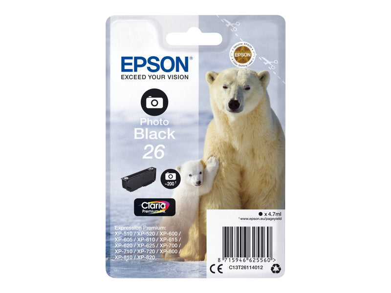 Epson 26 - 4.7 ml - photo noire - original - blister - cartouche d'encre - pour Expression Premium XP-510, 520, 600, 605, 610, 615, 620, 625, 700, 710, 720, 800, 810, 820 Super Promo PC