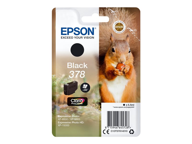 Epson 378 - 5.5 ml - noir - original - emballage coque avec alarme radioélectrique/ acoustique - cartouche d'encre - pour Expression Home XP-8605, 8606, Expression Home HD XP-15000, Expression Photo XP-8500, 8700 Super Promo PC